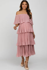 Pink Solid Off Shoulder Pleated Ruffle Maternity Midi Dress