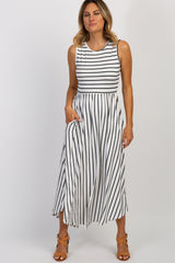 Ivory Striped Sleeveless Midi Dress