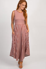 Mauve Striped Sleeveless Midi Dress