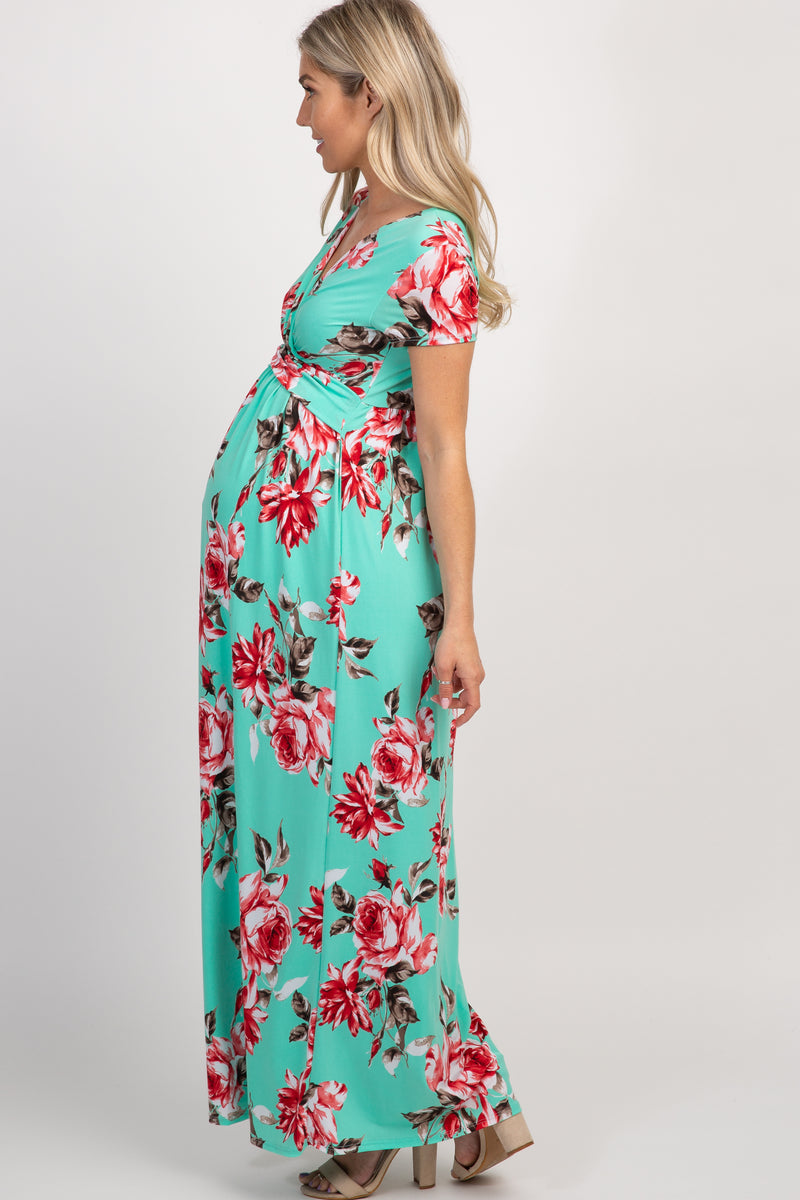 PinkBlush Mint Floral Draped Maternity Nursing Maxi Dress