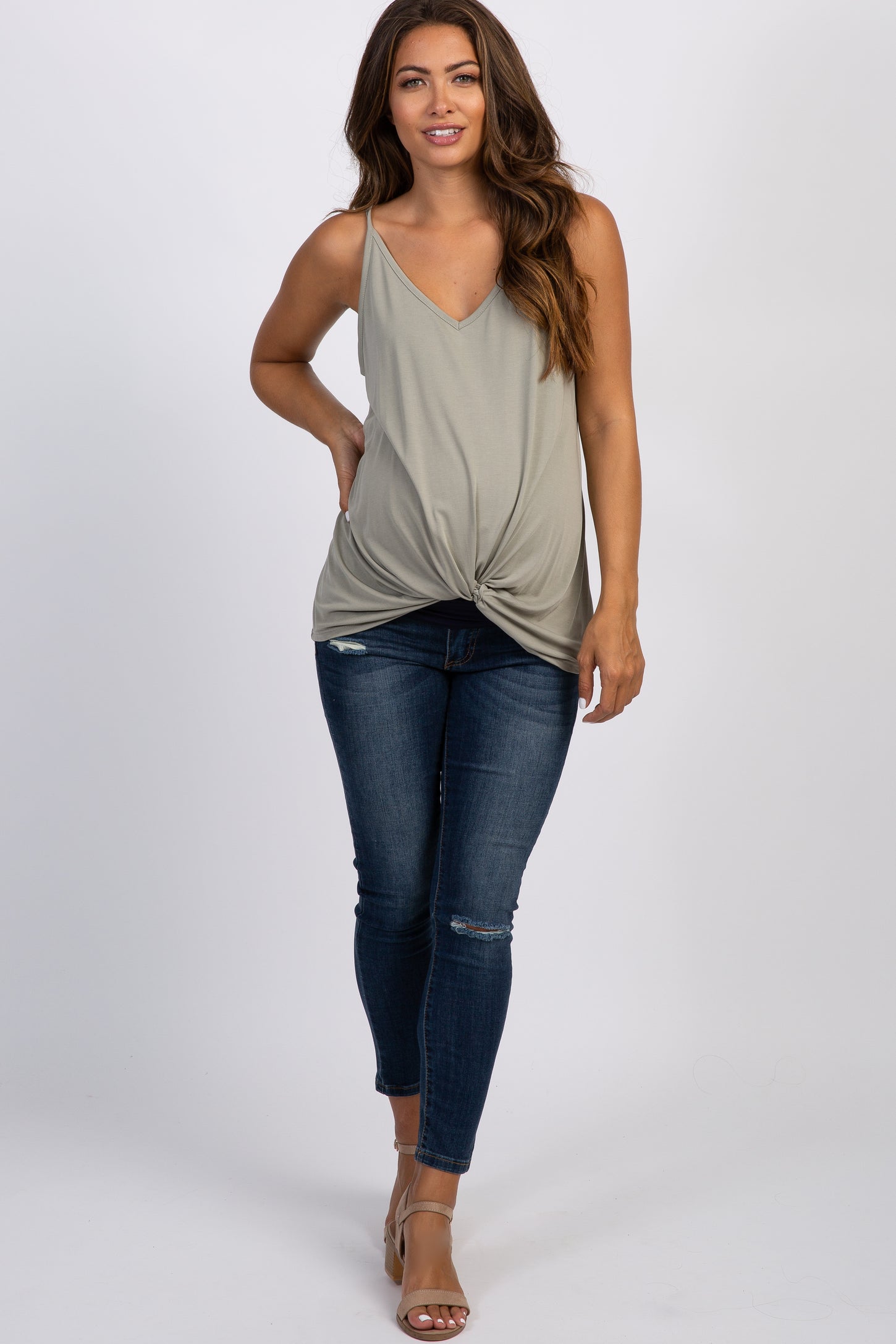 Light Olive Solid Knot Front Cami Strap Maternity Top– PinkBlush