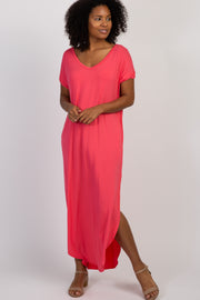 Coral Solid Side Slit Dolman Maxi Dress