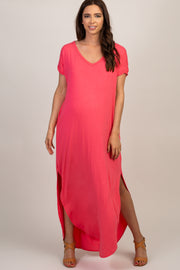 Coral Solid Side Slit Dolman Maternity Maxi Dress