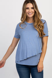 Blue Striped Layered Wrap Front Maternity Nursing Top