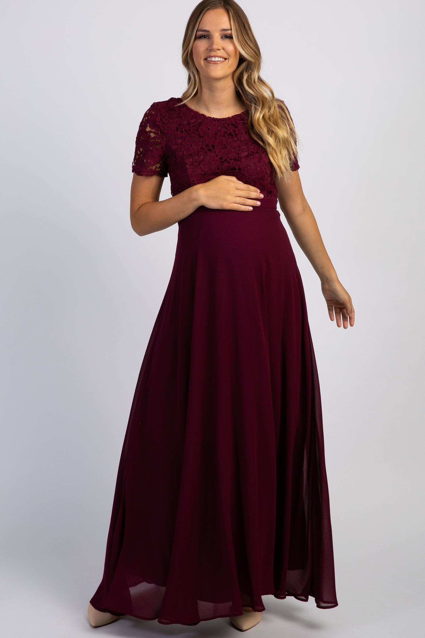 Burgundy Crochet Top Open Back Maternity Evening Gown– PinkBlush