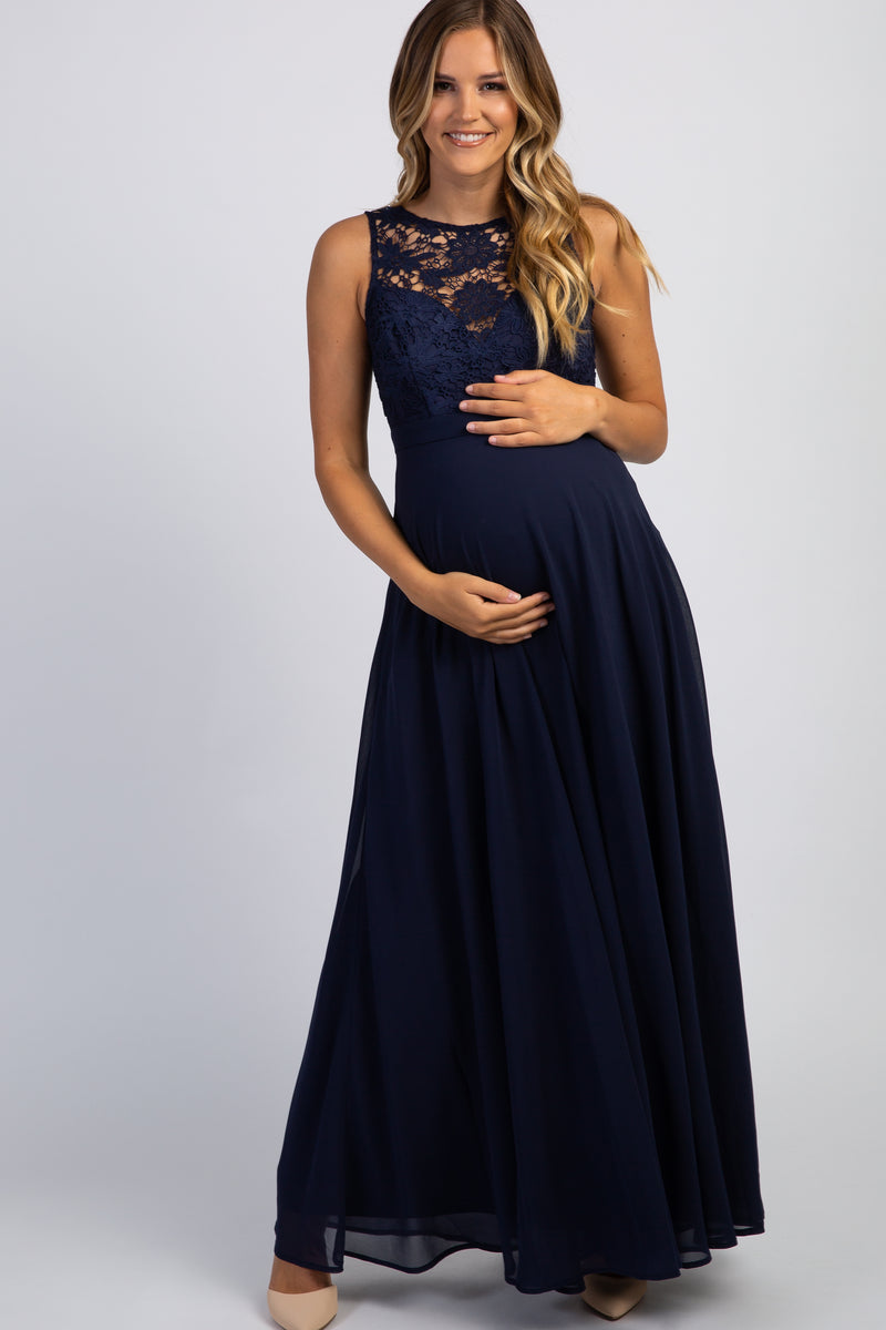 PinkBlush Navy Blue Crochet Sweetheart Maternity Evening Gown