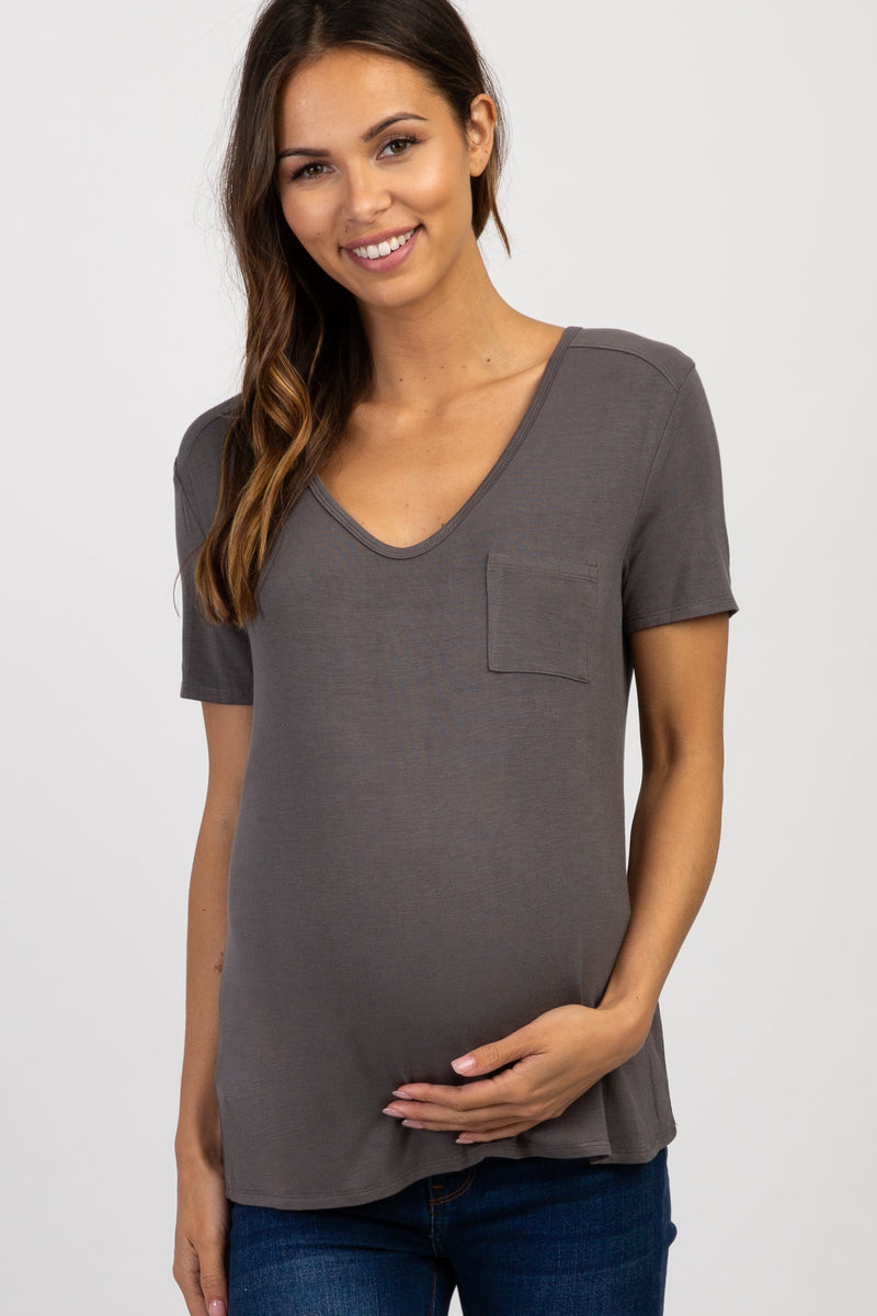 Charcoal Grey Scoop Neck Pocket Maternity Top– PinkBlush