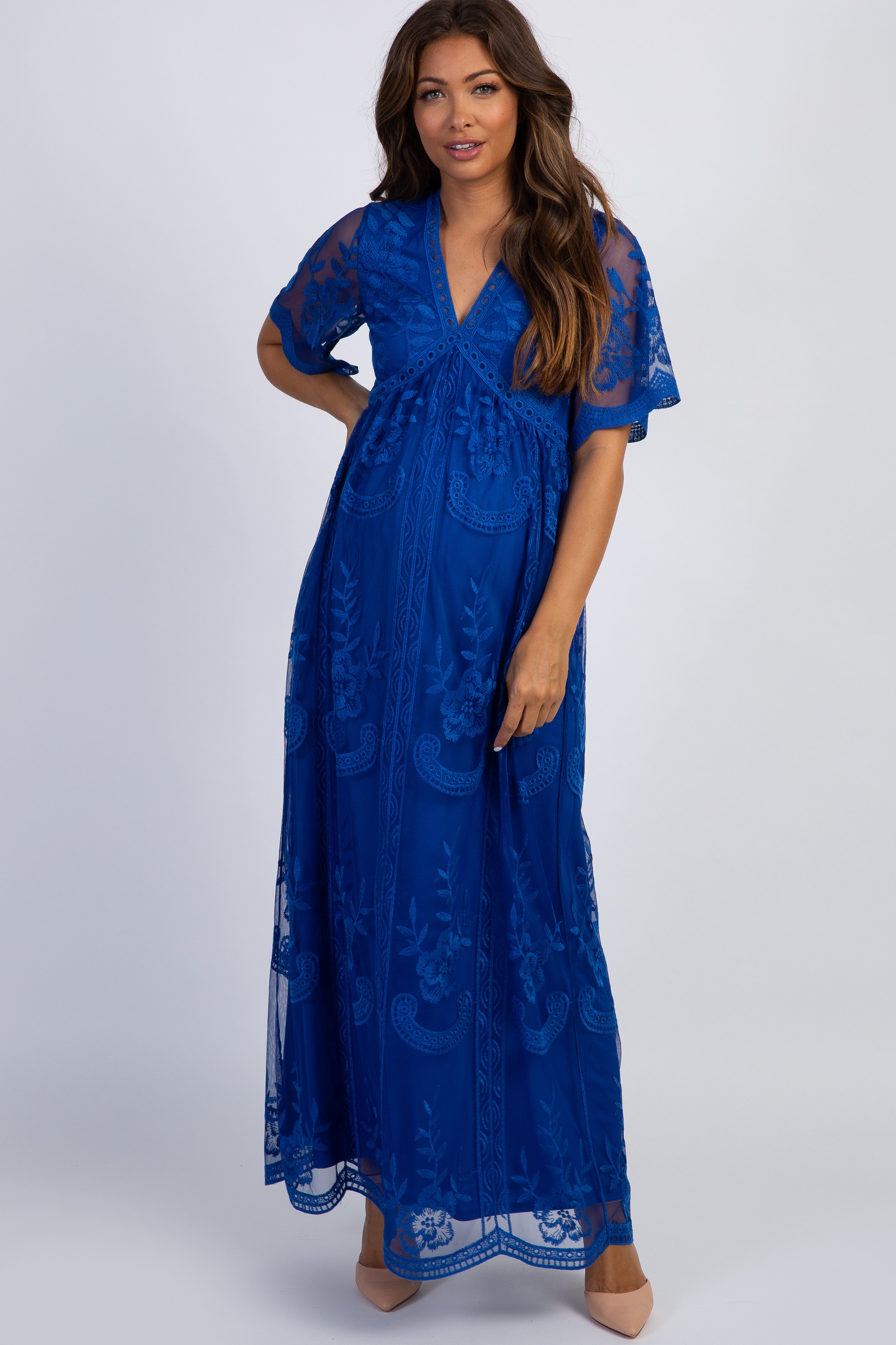 Royal Blue Lace Mesh Overlay Maternity Maxi Dress Pinkblush 