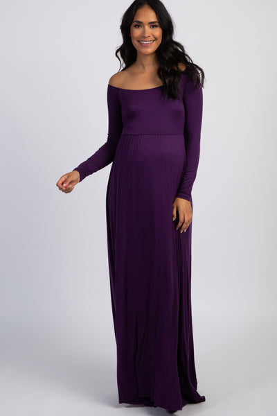 PinkBlush Purple Solid Off Shoulder Maternity Maxi Dress