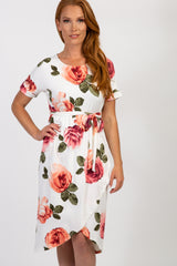 Ivory Floral Sash Tie Wrap Hem Dress