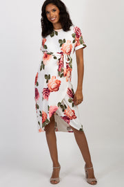 Ivory Floral Sash Tie Wrap Hem Maternity Dress