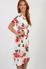 Ivory Floral Sash Tie Wrap Hem Dress