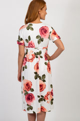 Ivory Floral Sash Tie Wrap Hem Dress