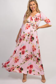 PinkBlush Pink Abstract Floral Sash Tie Maternity/Nursing Maxi Dress