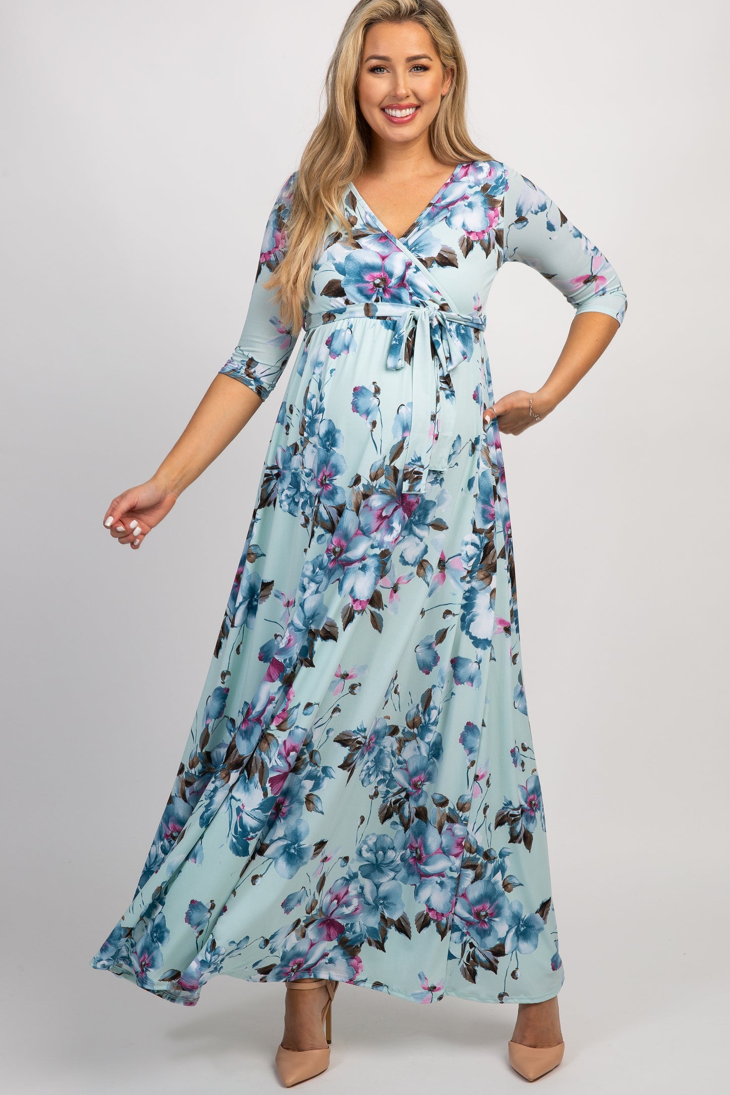Mint Abstract Floral Sash Tie Maternity/Nursing Maxi Dress– PinkBlush
