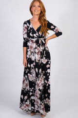 Black Abstract Floral Sash Tie Nursing Maxi Dress