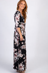 Black Abstract Floral Sash Tie Nursing Maxi Dress