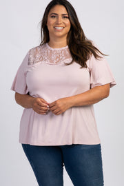 Light Pink Scalloped Lace Yoke Bell Sleeve Plus Top