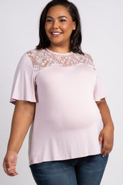 Light Pink Scalloped Lace Yoke Bell Sleeve Plus Maternity Top