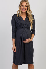 Charcoal Twist Front 3/4 Sleeve Maternity Dress