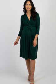 Forest Green Twist Front 3/4 Sleeve Maternity Dress