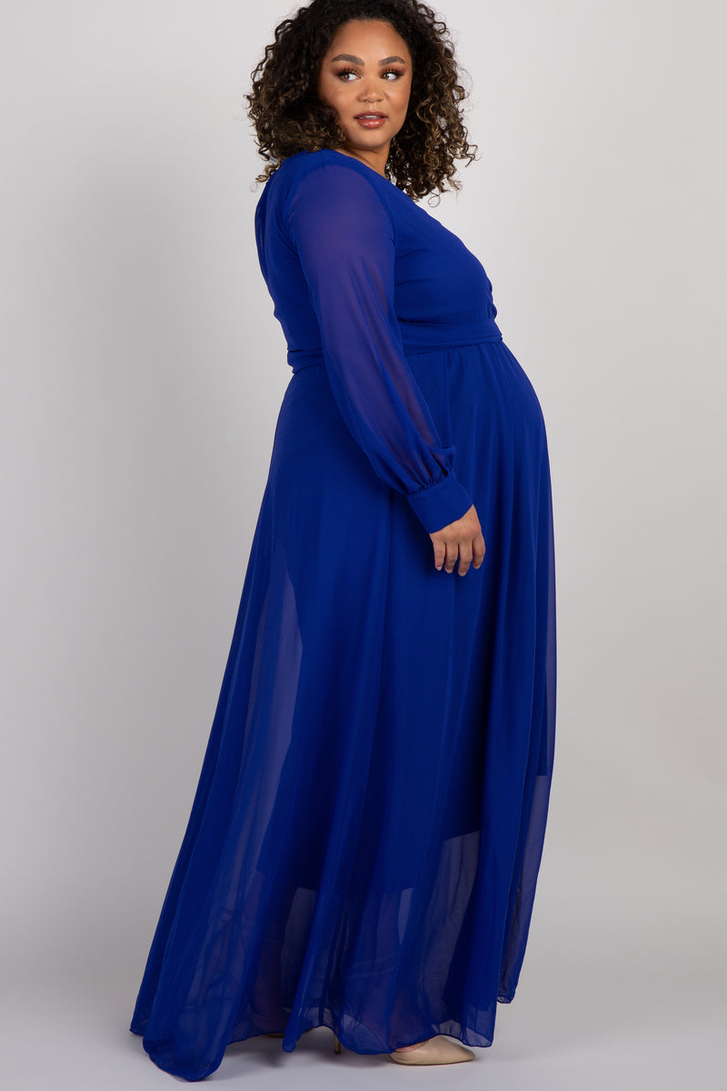 Royal Blue Chiffon Long Sleeve Pleated Plus Maternity Maxi Dress– PinkBlush