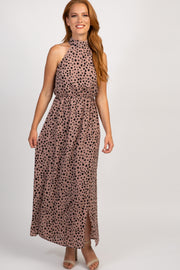 Mauve Dot Print High Neck Maxi Dress