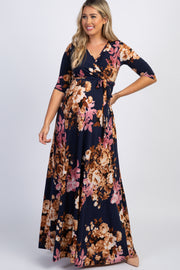 Navy Floral Wrap V-Neck Maternity Maxi Dress