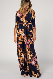 Navy Floral Wrap V-Neck Maxi Dress