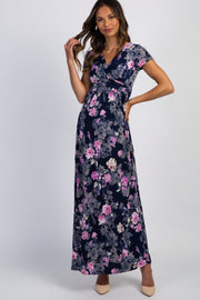 PinkBlush Navy Blue Floral Draped Front Maternity Maxi Dress