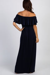 PinkBlush Navy Blue Off Shoulder Ruffle Trim Maxi Dress