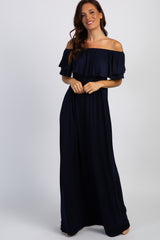 PinkBlush Navy Blue Off Shoulder Ruffle Trim Maxi Dress