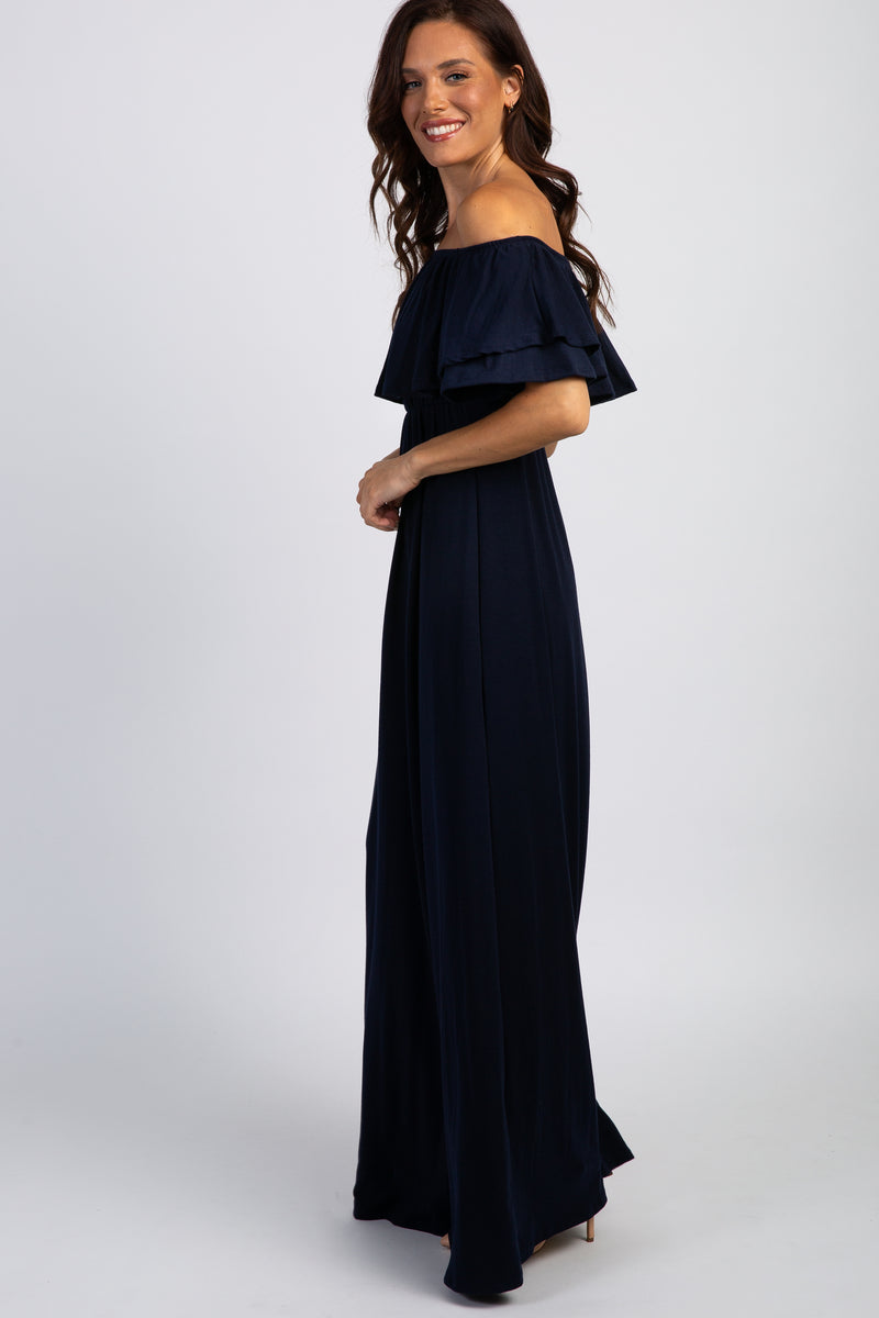 PinkBlush Navy Blue Off Shoulder Ruffle Trim Maxi Dress