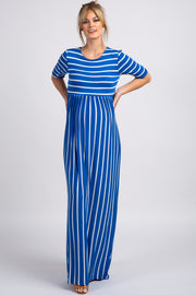 Royal Blue Striped Half Sleeve Maternity Maxi Dress