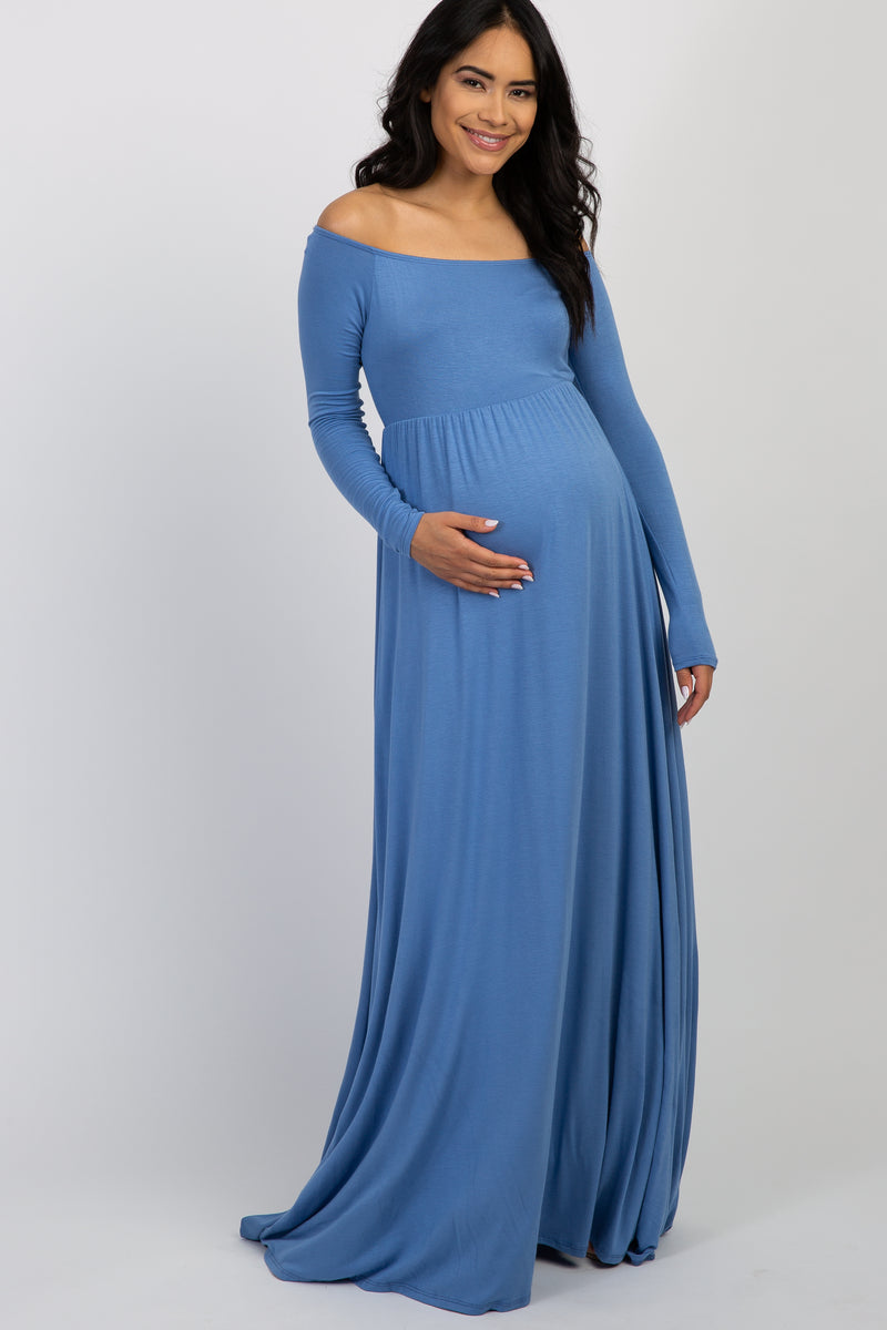 PinkBlush Denim Blue Off Shoulder Maternity Maxi Dress