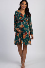 PinkBlush Forest Green Floral Chiffon Maternity Wrap Dress