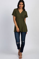 PinkBlush Olive Short Sleeve Button Accent Wrap Nursing Top