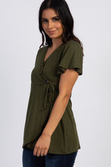 PinkBlush Olive Short Sleeve Button Accent Wrap Nursing Top