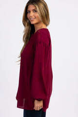 Burgundy Embroidered Puff Sleeve Blouse