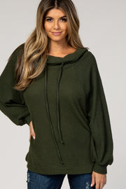 Olive Green Waffle Knit Wide Funnel Neck Top