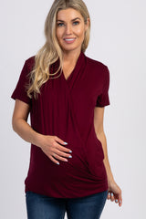 PinkBlush Burgundy Pleated Wrap Accent Maternity/Nursing Top