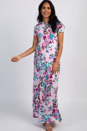 PinkBlush Light Pink Floral Short Sleeve Maternity Maxi Dress