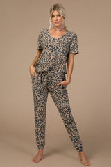 PinkBlush Camel Leopard Print Pocket Front Pajama Set