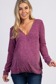 Burgundy Two-Tone Long Sleeve Maternity Wrap Top