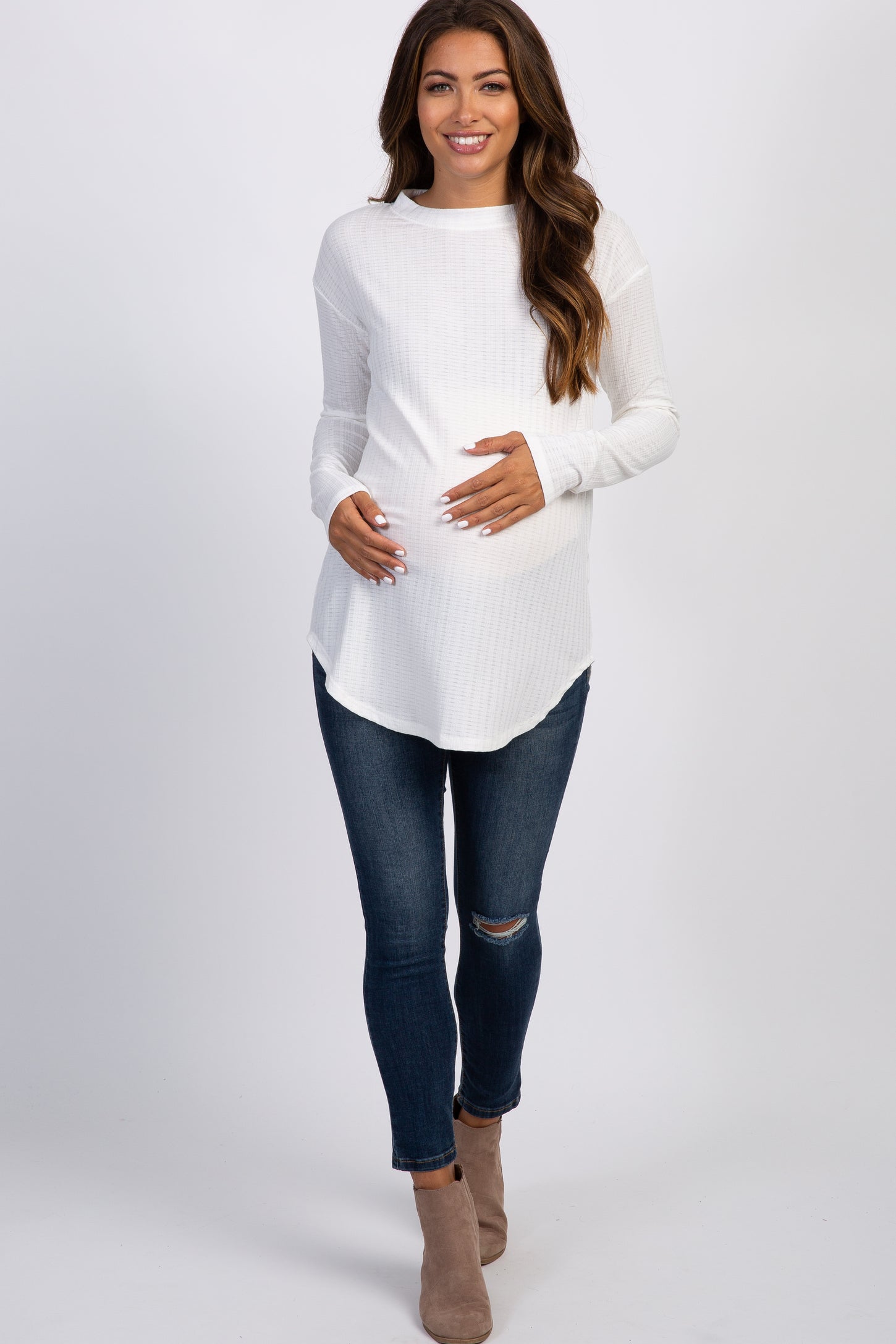 Ivory Ruched Side Slit Ribbed Long Sleeve Top