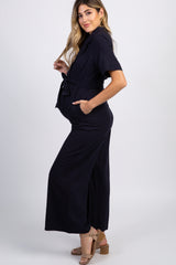 Navy Short Sleeve Collared Utility Maternity Jumpsuit