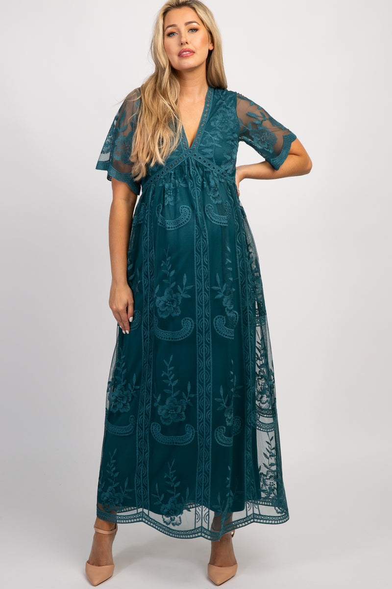 Dark Turquoise Lace Mesh Overlay Maternity Maxi Dress – PinkBlush