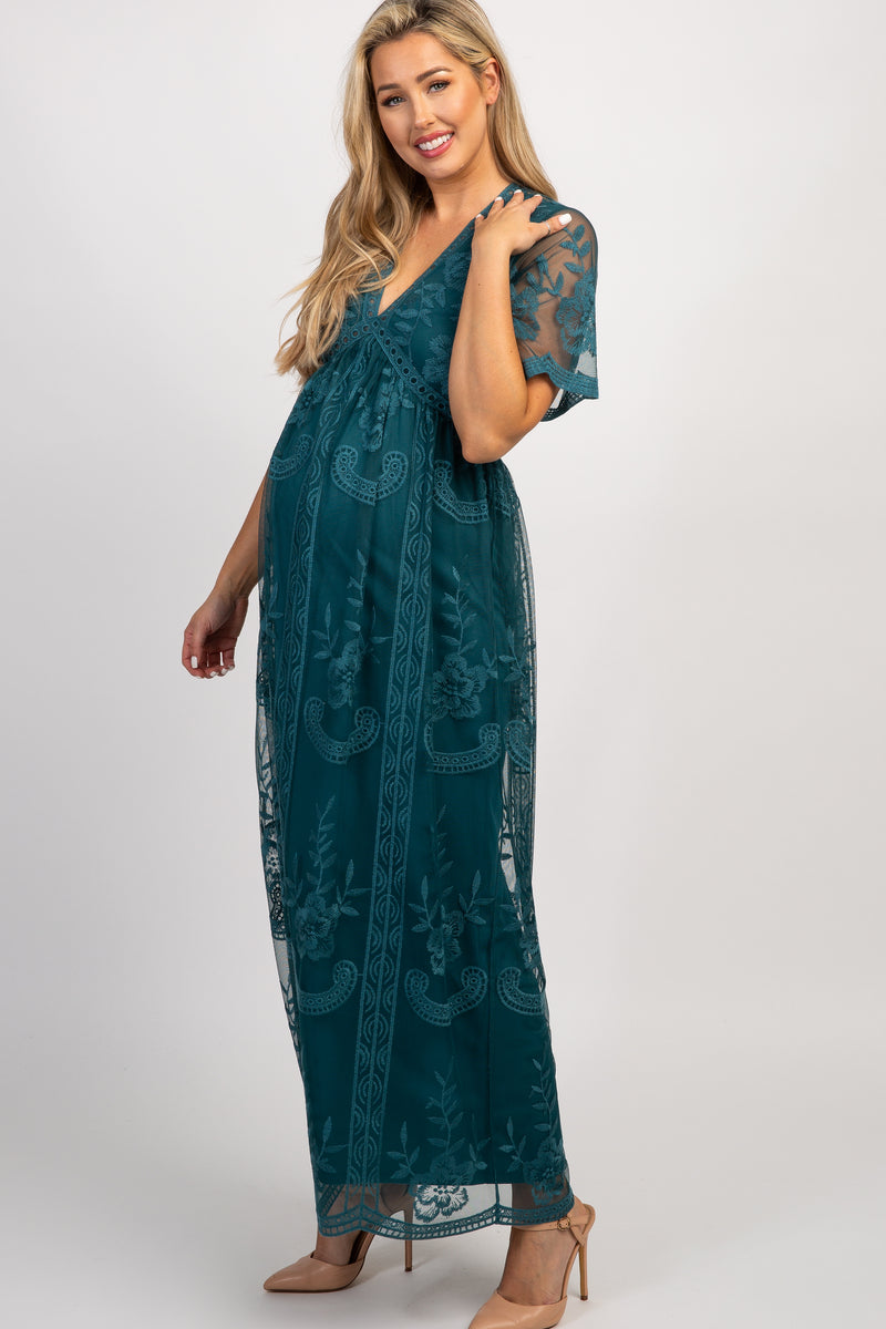 Dark Turquoise Lace Mesh Overlay Maternity Maxi Dress – PinkBlush