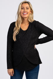 PinkBlush Black Heathered Long Sleeve Wrap Maternity Nursing Top