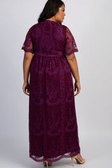 Dark Burgundy Lace Mesh Overlay Plus Maxi Dress